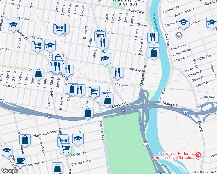 map of restaurants, bars, coffee shops, grocery stores, and more near 572 East 38th Street in Paterson