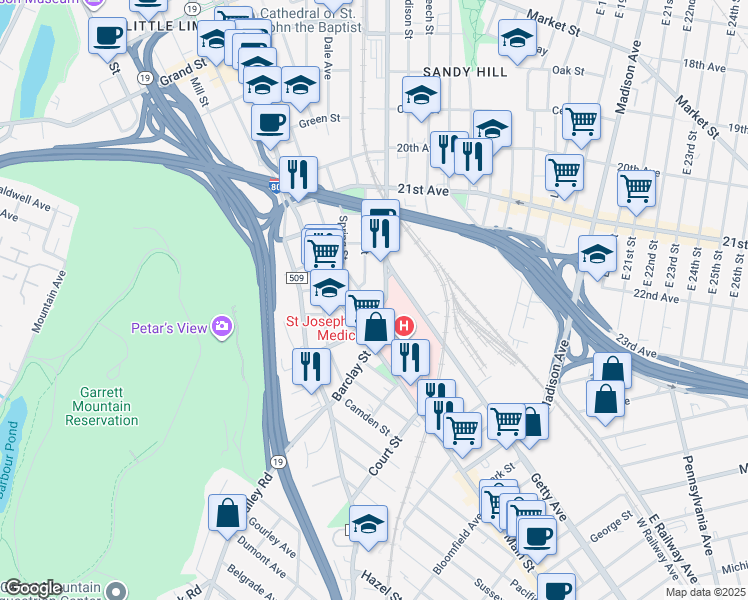 map of restaurants, bars, coffee shops, grocery stores, and more near in Paterson