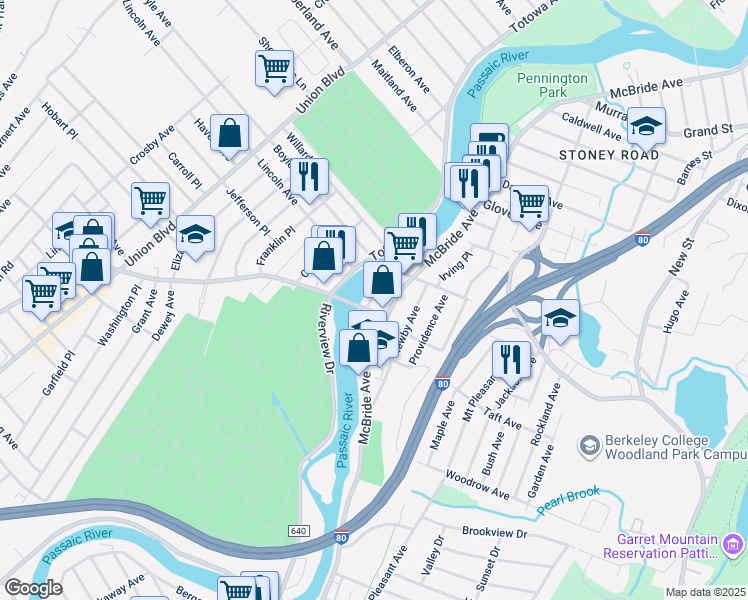 map of restaurants, bars, coffee shops, grocery stores, and more near 626 McBride Avenue in Woodland Park