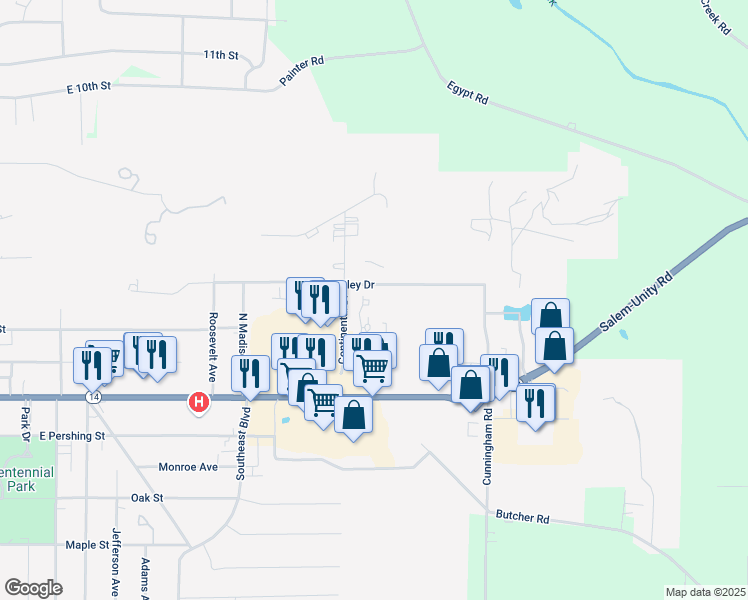 map of restaurants, bars, coffee shops, grocery stores, and more near 250 Continental Drive in Salem