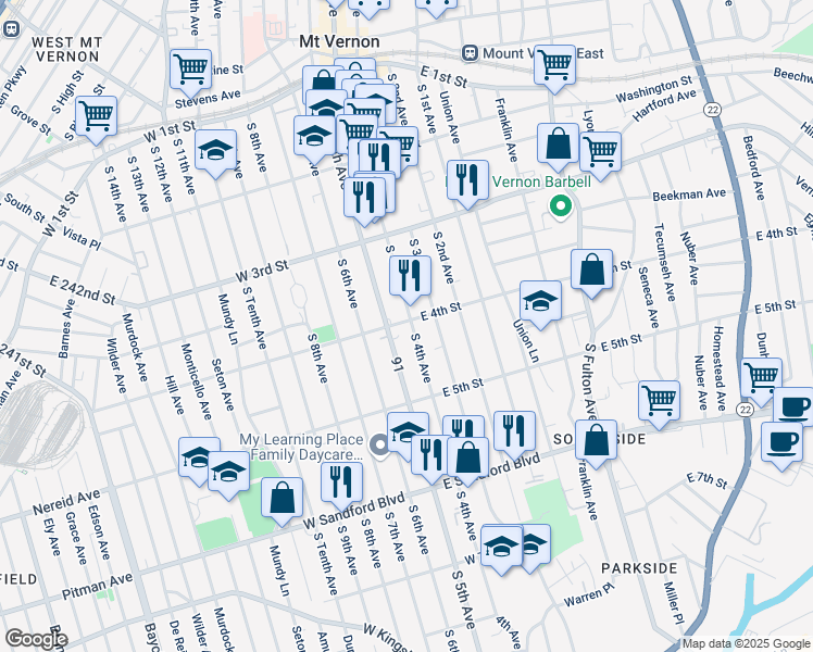 map of restaurants, bars, coffee shops, grocery stores, and more near 316 South 4th Avenue in Mount Vernon
