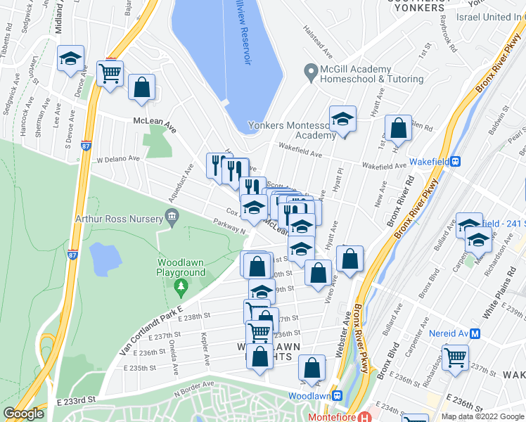 map of restaurants, bars, coffee shops, grocery stores, and more near 928 McLean Avenue in Yonkers