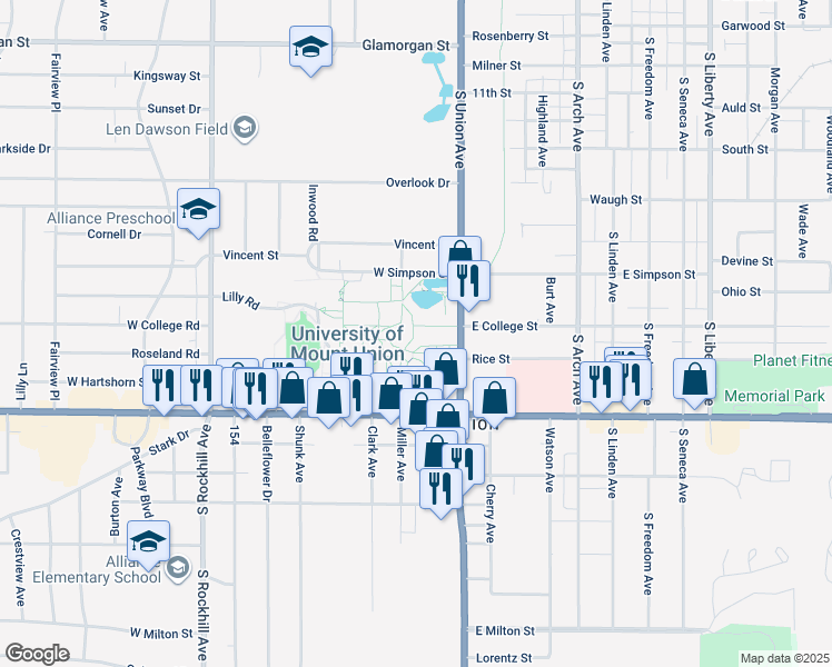 map of restaurants, bars, coffee shops, grocery stores, and more near 1700 Miller Avenue in Alliance