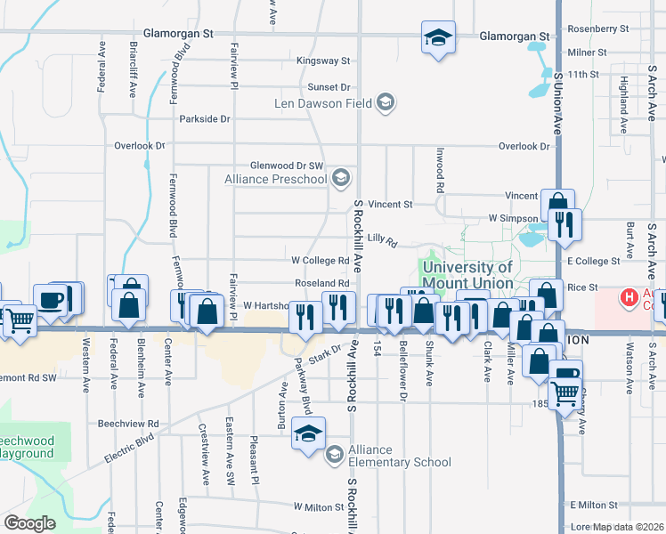 map of restaurants, bars, coffee shops, grocery stores, and more near 885 Roseland Road in Alliance