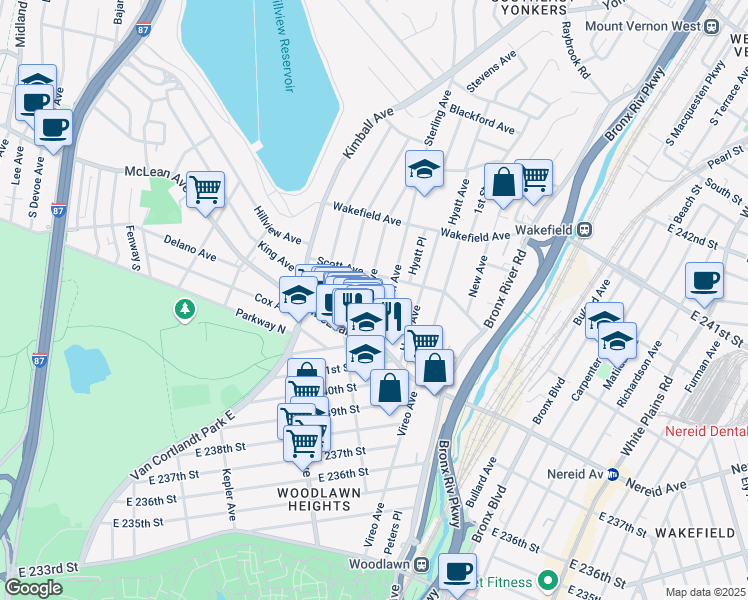 map of restaurants, bars, coffee shops, grocery stores, and more near 25 Woodlawn Avenue in Yonkers