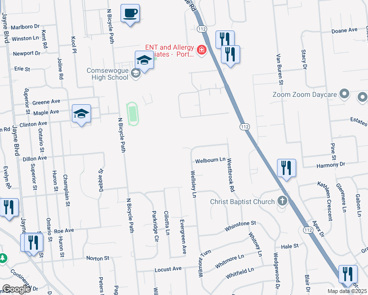 map of restaurants, bars, coffee shops, grocery stores, and more near 3 Walton Way in Coram