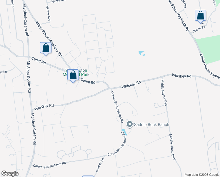 map of restaurants, bars, coffee shops, grocery stores, and more near Whiskey Road & Canal Road in Coram