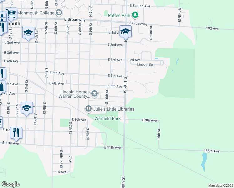 map of restaurants, bars, coffee shops, grocery stores, and more near 1133-1137 East 7th Avenue in Monmouth