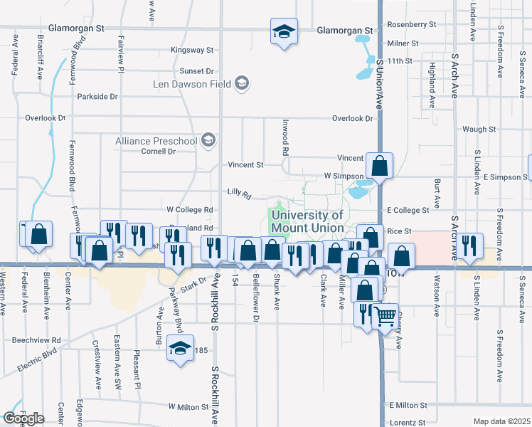 map of restaurants, bars, coffee shops, grocery stores, and more near in Alliance