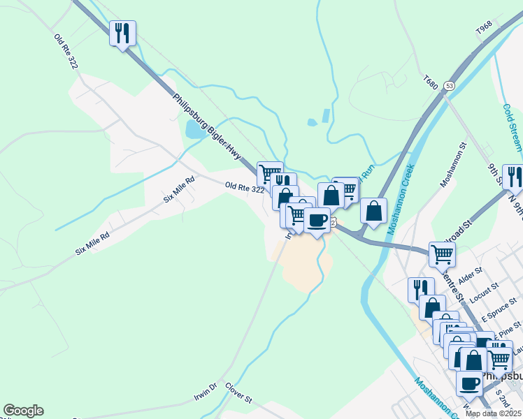 map of restaurants, bars, coffee shops, grocery stores, and more near 114 Grandview Terrace Drive in Philipsburg