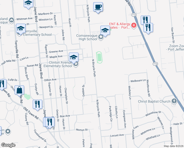 map of restaurants, bars, coffee shops, grocery stores, and more near 2 Debbie Street in Port Jefferson Station