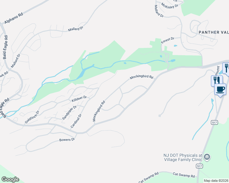 map of restaurants, bars, coffee shops, grocery stores, and more near 5 Brown Thrasher Road in Hackettstown