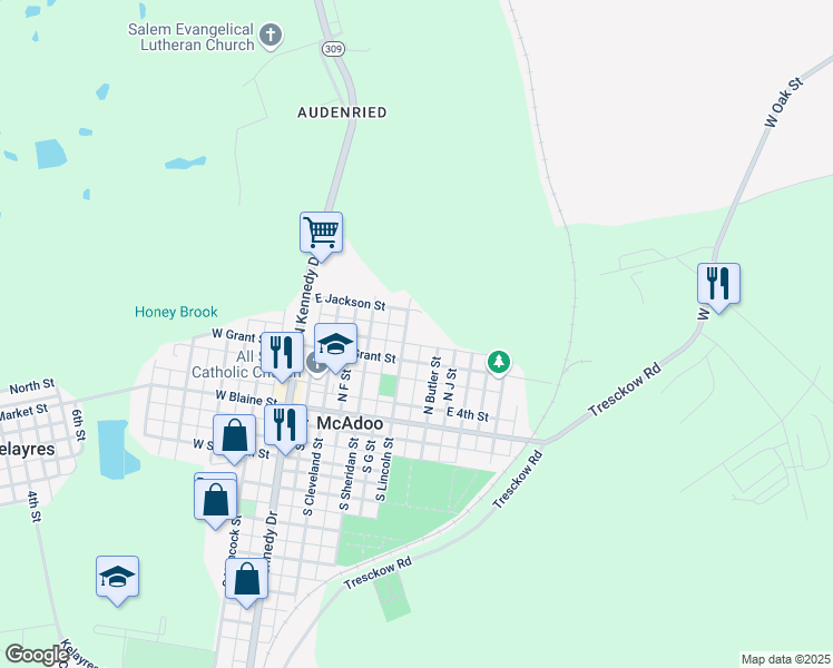 map of restaurants, bars, coffee shops, grocery stores, and more near 123 North Lincoln Street in McAdoo