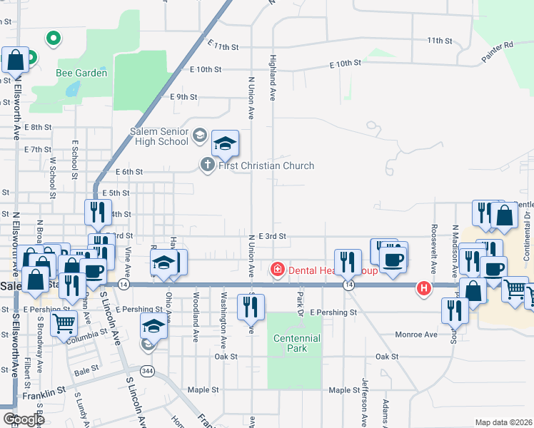 map of restaurants, bars, coffee shops, grocery stores, and more near 344 Highland Avenue in Salem