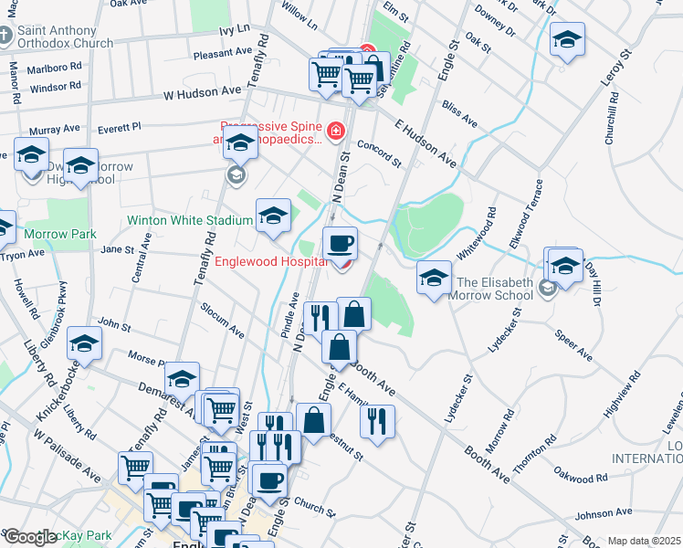 map of restaurants, bars, coffee shops, grocery stores, and more near 350 Engle Street in Englewood