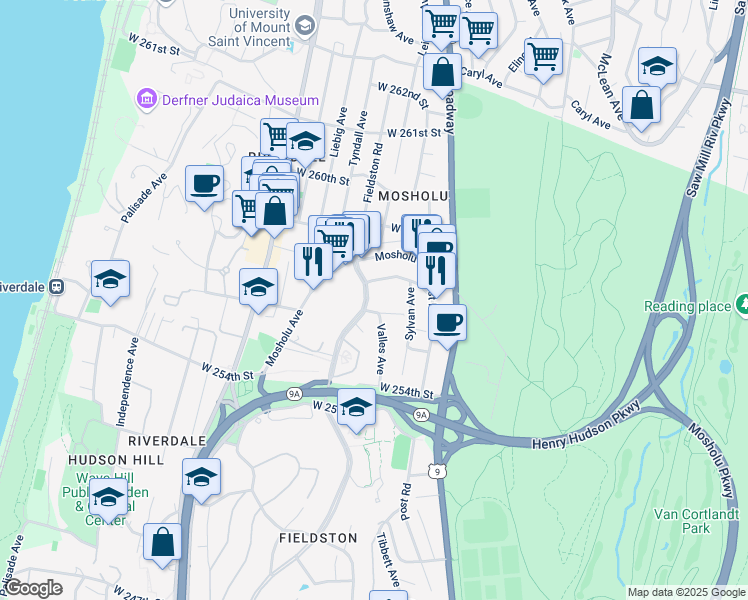 map of restaurants, bars, coffee shops, grocery stores, and more near 5550 Fieldston Road in The Bronx