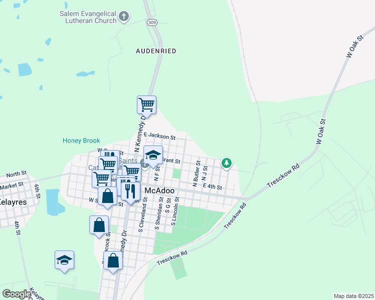 map of restaurants, bars, coffee shops, grocery stores, and more near 123 North Lincoln Street in McAdoo