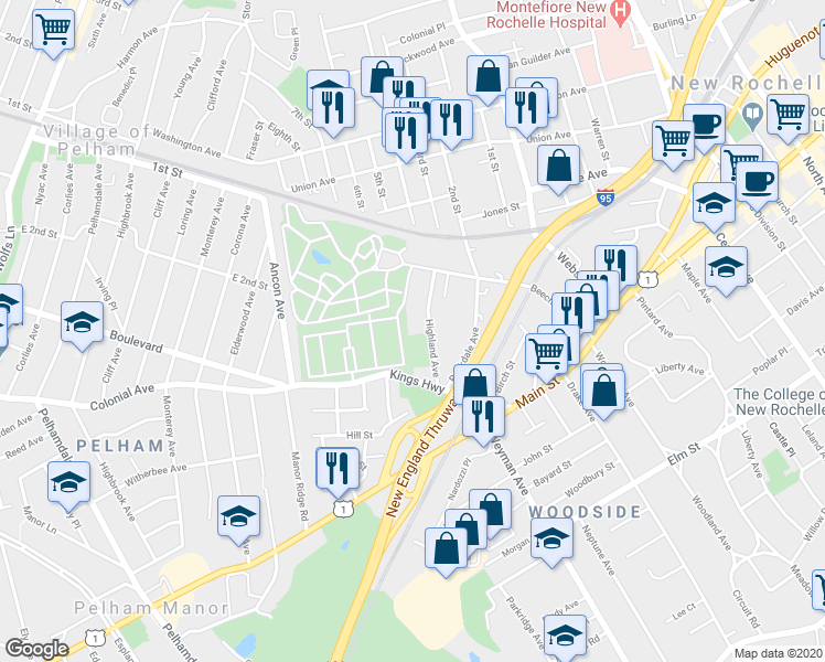 map of restaurants, bars, coffee shops, grocery stores, and more near 75 Kings Highway in New Rochelle