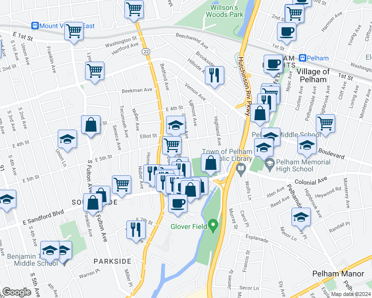 map of restaurants, bars, coffee shops, grocery stores, and more near 432 Bedford Avenue in Mount Vernon