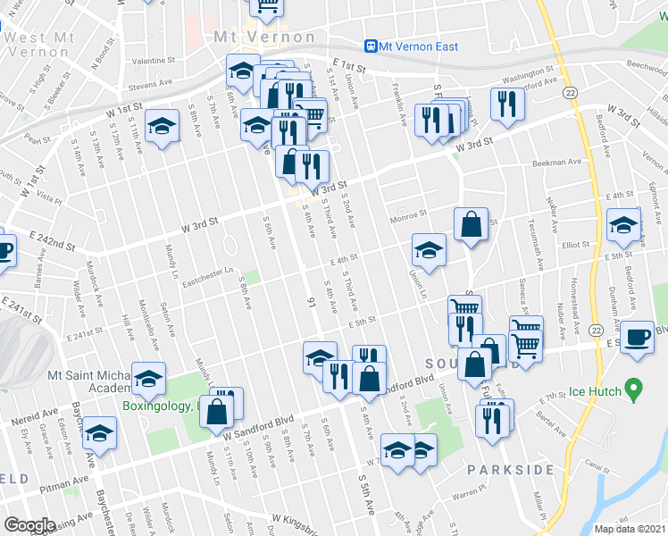 map of restaurants, bars, coffee shops, grocery stores, and more near 325 Trinity Place East in Mount Vernon