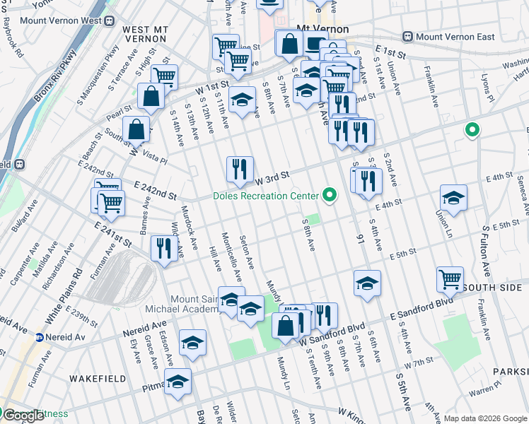 map of restaurants, bars, coffee shops, grocery stores, and more near 254 South 10th Avenue in Mount Vernon