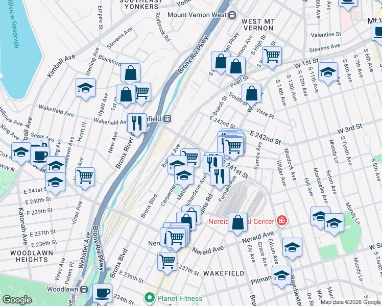 map of restaurants, bars, coffee shops, grocery stores, and more near 617 East 240th Street in Bronx