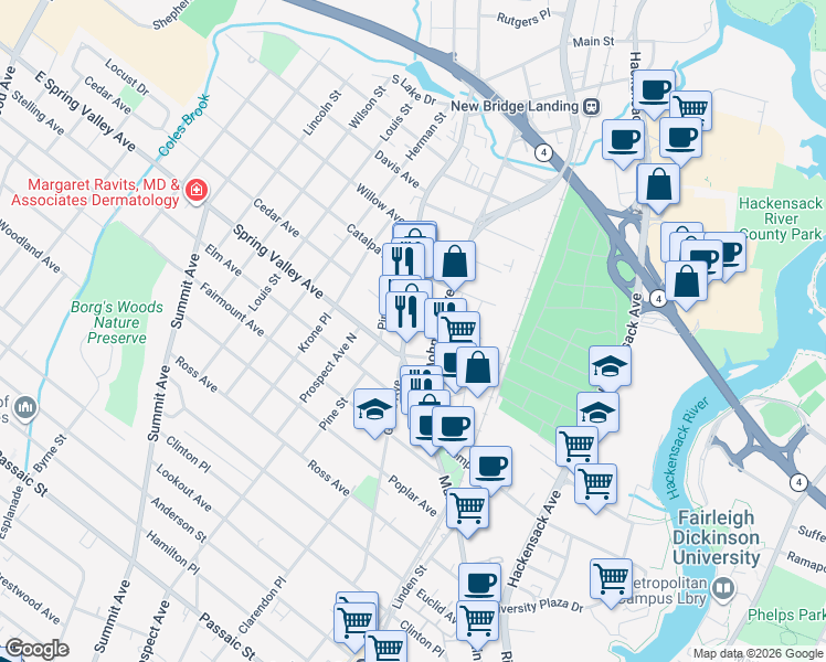 map of restaurants, bars, coffee shops, grocery stores, and more near 73 Johnson Avenue in Hackensack