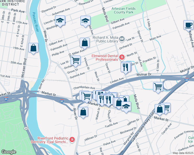 map of restaurants, bars, coffee shops, grocery stores, and more near 15 Linden Avenue in Elmwood Park