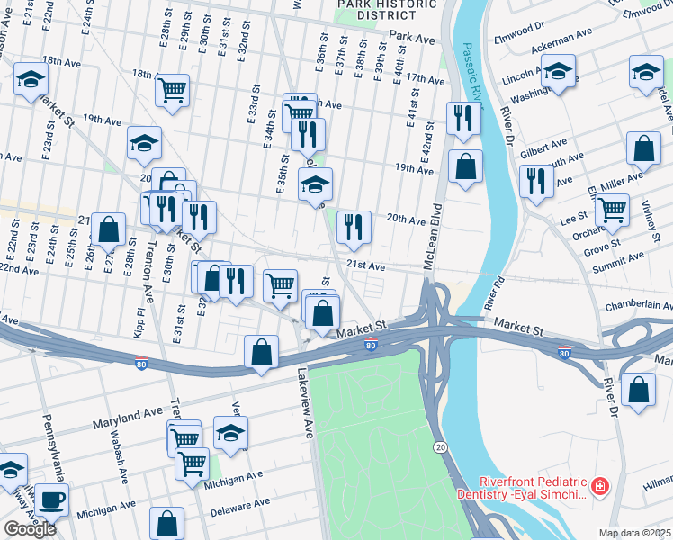 map of restaurants, bars, coffee shops, grocery stores, and more near 565 East 39th Street in Paterson