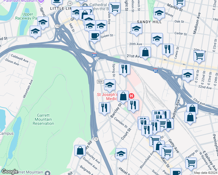 map of restaurants, bars, coffee shops, grocery stores, and more near 36 Chadwick Street in Paterson