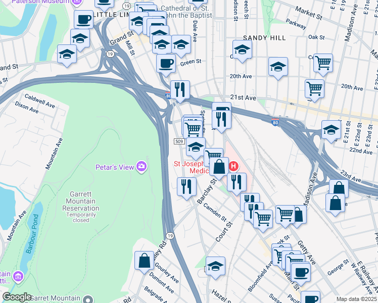 map of restaurants, bars, coffee shops, grocery stores, and more near 36 Chadwick Street in Paterson