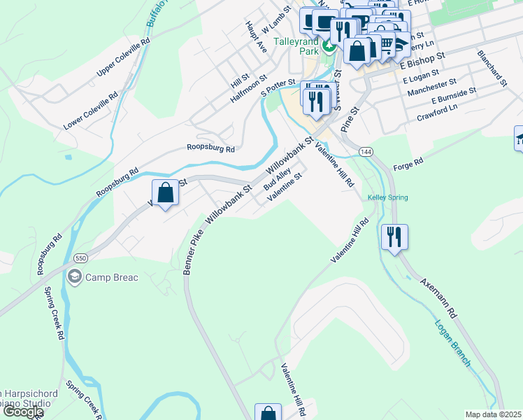 map of restaurants, bars, coffee shops, grocery stores, and more near 720 Valentine Street in Bellefonte