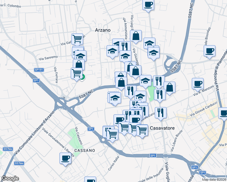 map of restaurants, bars, coffee shops, grocery stores, and more near 2B Via Gian Battista Vico in Casavatore