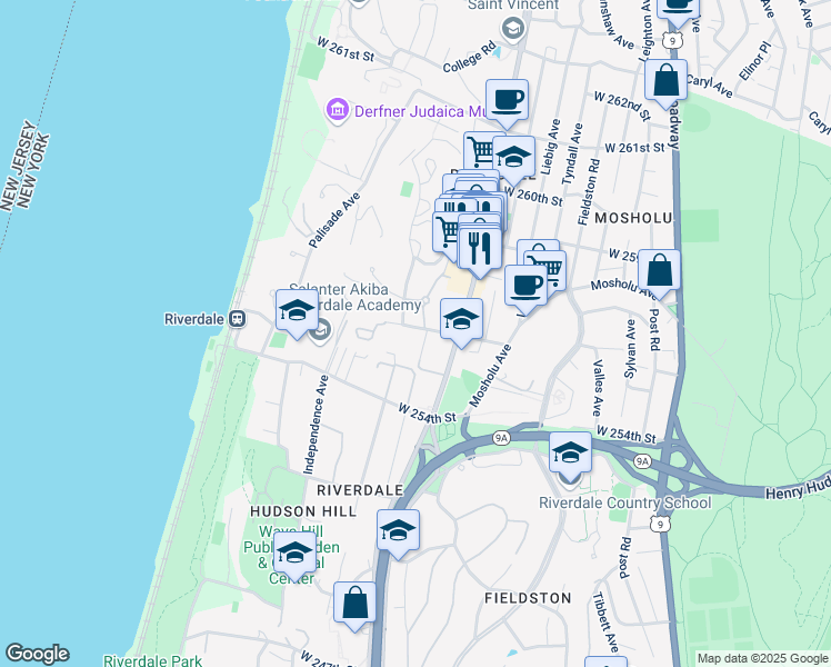 map of restaurants, bars, coffee shops, grocery stores, and more near 5565 Netherland Avenue in Bronx