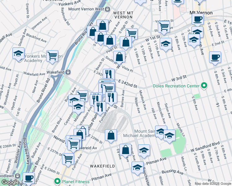 map of restaurants, bars, coffee shops, grocery stores, and more near 715 Cranford Avenue in The Bronx