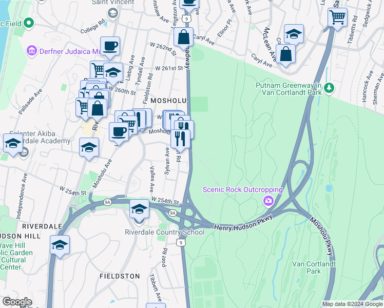 map of restaurants, bars, coffee shops, grocery stores, and more near 5788 Broadway in The Bronx
