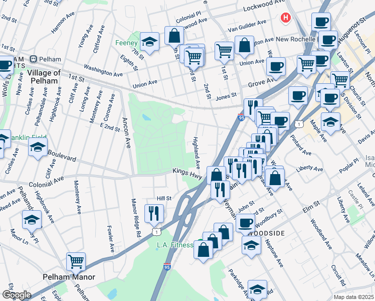 map of restaurants, bars, coffee shops, grocery stores, and more near 52 Highland Avenue in New Rochelle