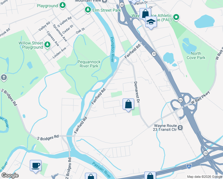 map of restaurants, bars, coffee shops, grocery stores, and more near 468 Fairfield Road in Wayne