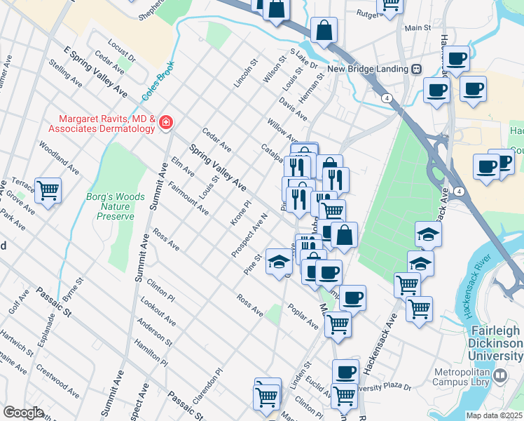 map of restaurants, bars, coffee shops, grocery stores, and more near 64 Spring Valley Avenue in Hackensack