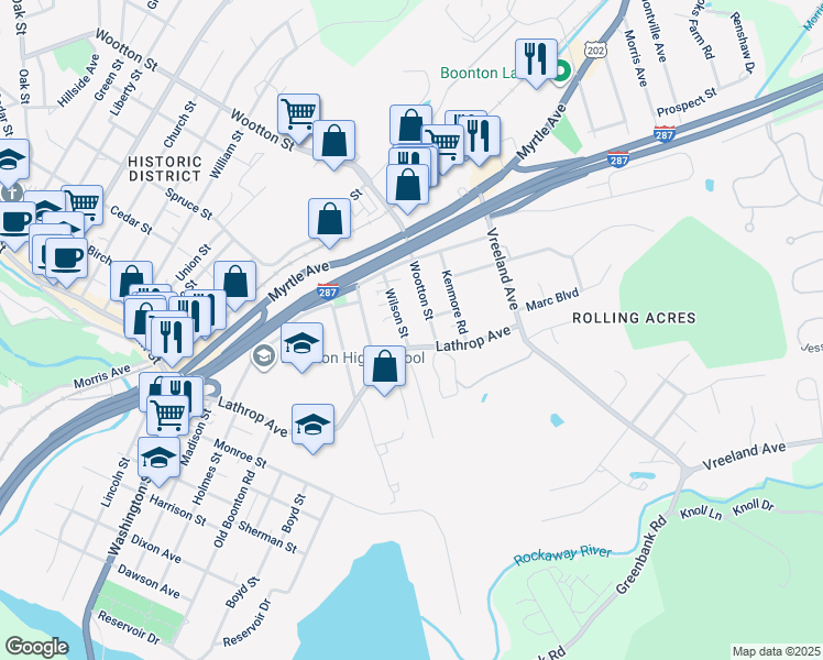 map of restaurants, bars, coffee shops, grocery stores, and more near 135 Wilson Street in Boonton