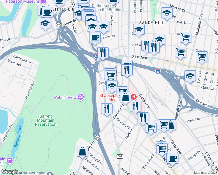 map of restaurants, bars, coffee shops, grocery stores, and more near 6 Chadwick Street in Paterson