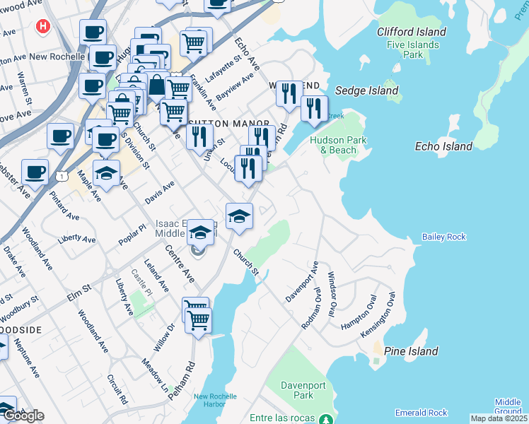 map of restaurants, bars, coffee shops, grocery stores, and more near 123 65 in New Rochelle
