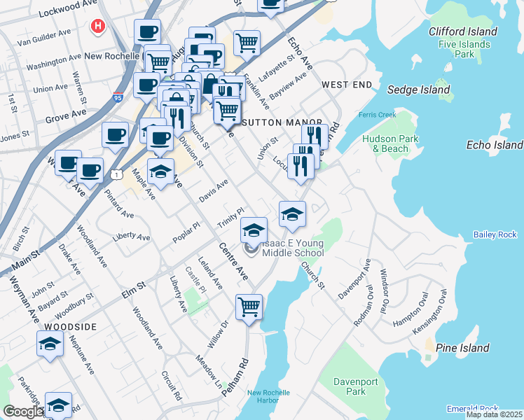 map of restaurants, bars, coffee shops, grocery stores, and more near 126 Church Street in New Rochelle