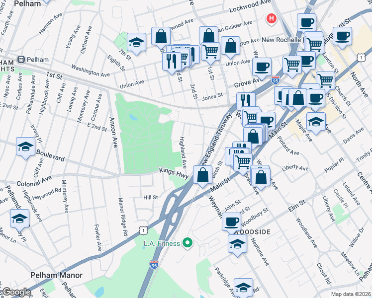 map of restaurants, bars, coffee shops, grocery stores, and more near 22 Glen Place in New Rochelle
