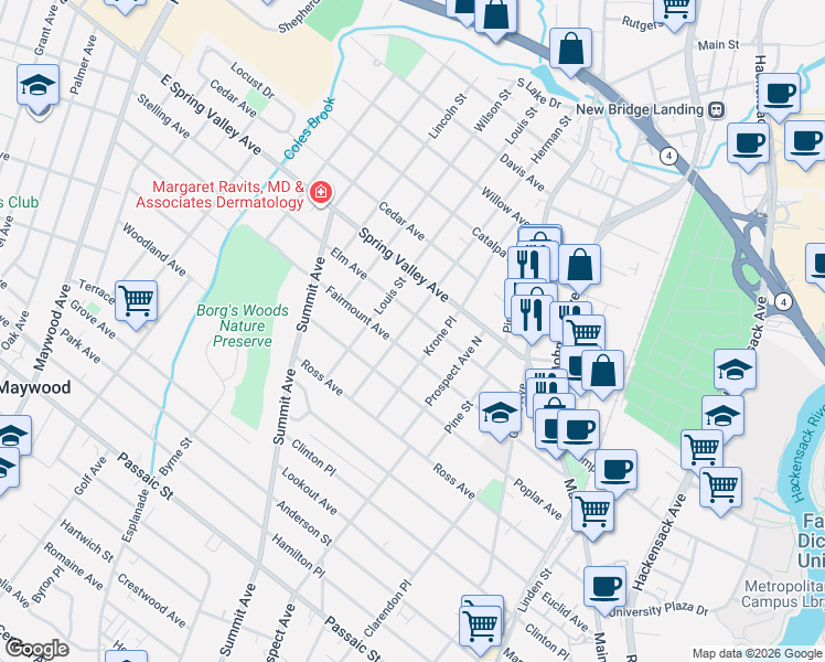 map of restaurants, bars, coffee shops, grocery stores, and more near 161 Elm Avenue in Hackensack