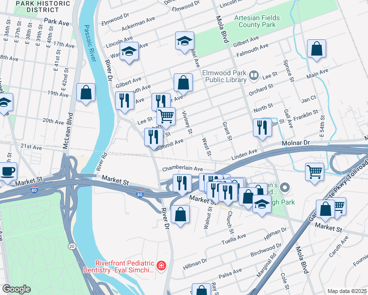 map of restaurants, bars, coffee shops, grocery stores, and more near 57 Summit Avenue in Elmwood Park