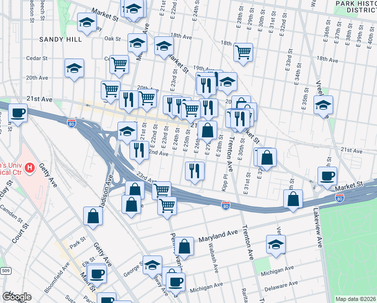 map of restaurants, bars, coffee shops, grocery stores, and more near 1016 East 25th Street in Paterson