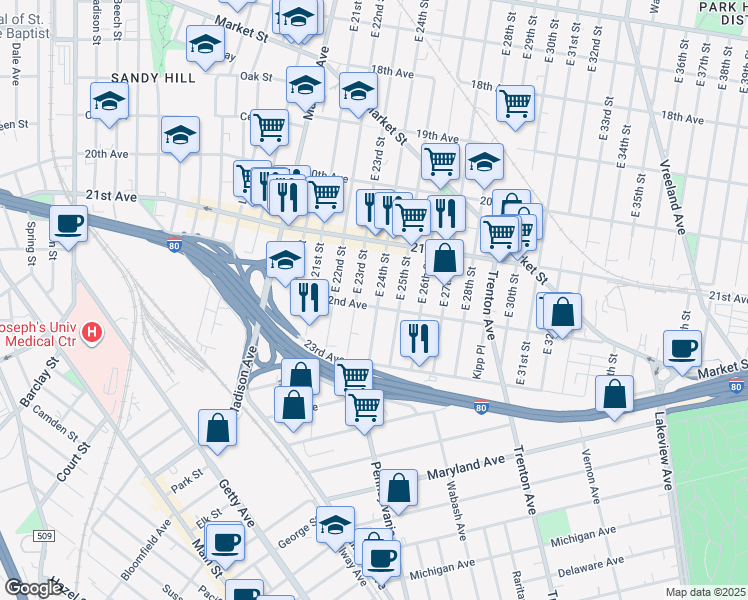 map of restaurants, bars, coffee shops, grocery stores, and more near 1041 East 23rd Street in Paterson