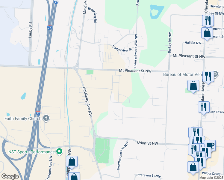map of restaurants, bars, coffee shops, grocery stores, and more near 3817 Mount Pleasant Street Northwest in North Canton