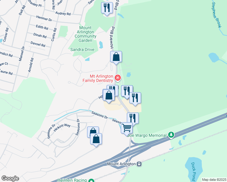 map of restaurants, bars, coffee shops, grocery stores, and more near 1 Hillside Drive in Mount Arlington
